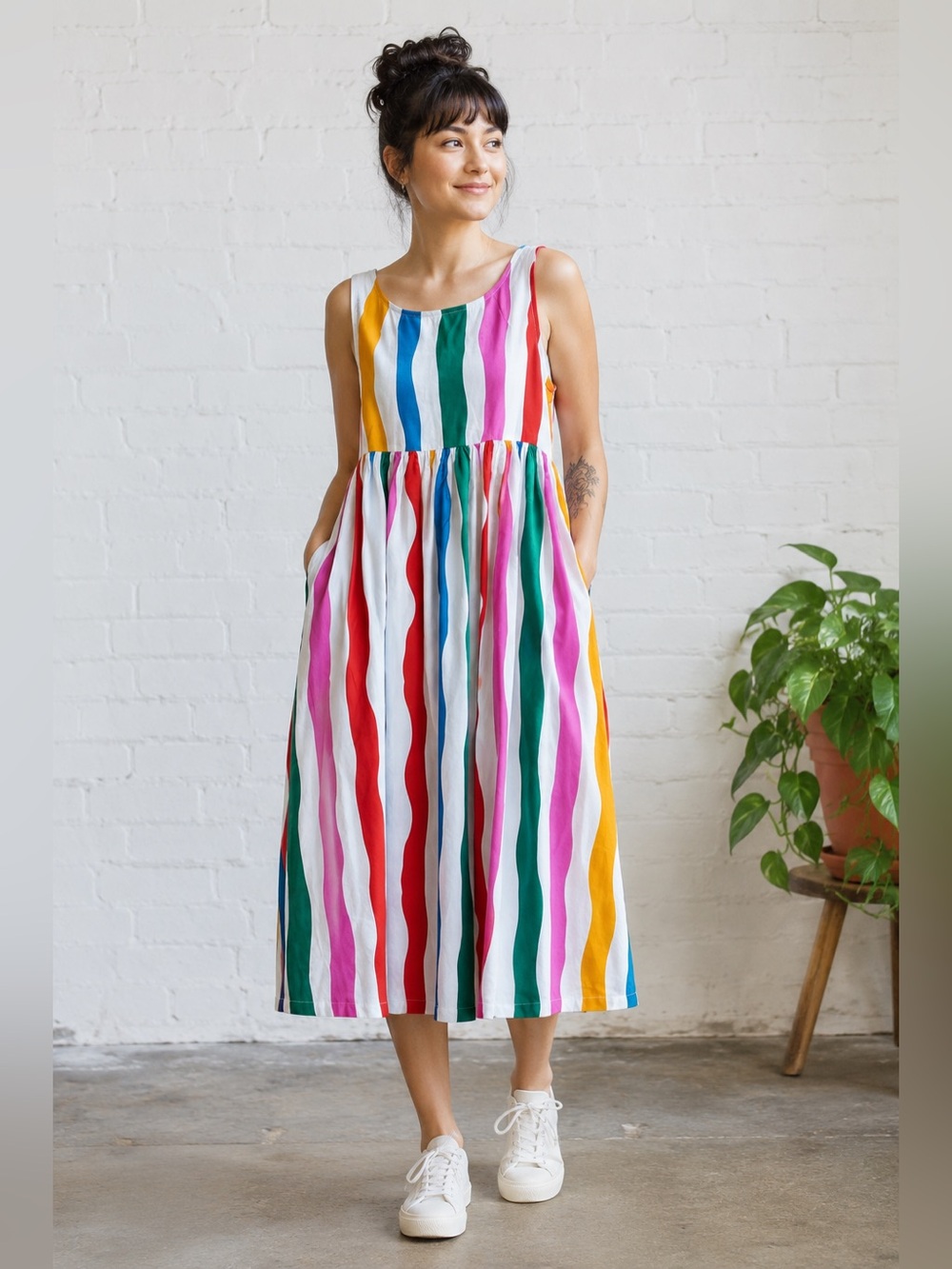 Nooworks Rainbow Salvation Stripe Naomi Midi Dress Sleeveless XS NWT
